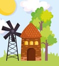 Farm animals windmill barn trees grass cartoon Royalty Free Stock Photo