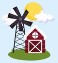 Farm animals wooden barn and windmill grass cartoon