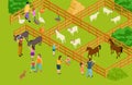 Farm animals zoo. Isometric vector livestock and people characters. Happy family time with domestic animals and pets