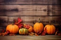 fall wood leaf background wooden season autumn pumpkin orange halloween old. Generative AI. Royalty Free Stock Photo