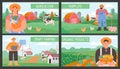 Farm banners. Posters with countryside agriculture landscape and farmers. Smart and eco farming technology. Organic farm products