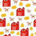 Farm barn and animals seamless pattern with haystacks and cows in cartoon style, ideal ornament for beddings, posters Royalty Free Stock Photo
