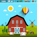 Farm with Barn, Cows, Tractor and Wind Mills