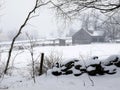 Farm: winter barn fog and snow - h Royalty Free Stock Photo