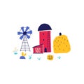 Farm, barn, granary with a windmill and a barn. Composition in hand-drawn cartoon Scandinavian doodle style. The Royalty Free Stock Photo