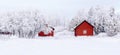 Farm barn and house surrounded by frosty trees Royalty Free Stock Photo