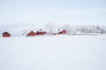 Farm barn and house surrounded by frosty trees