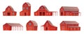 Farm barn set, front view of rural red buildings, wooden houses of different types