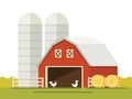 Farm and barn for storing grain in a flat style. stack of hay.