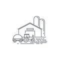 Farm barn and tractor line icon. Outline illustration of horse barn vector linear design isolated on white background