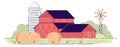 Farm barns with hay bales flat vector illustration. Village farmland, red rural ranch and backyard windmill. Country