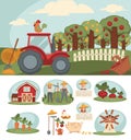 Farm with big orchard, red tractor and small haystacks Royalty Free Stock Photo