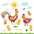 Farm birds family cartoon flat illustration. rooster hen chicken on white background