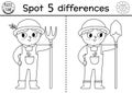 On the farm black and white find differences game for children. Educational line activity with cute farmer boy. Rural country