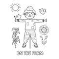 On the farm black and white print with a cute scarecrow and birds Royalty Free Stock Photo