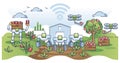 Farm bots harvest collection scene with autonomous technology outline concept