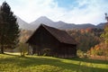 Farm building against the backdrop of  mountains Royalty Free Stock Photo