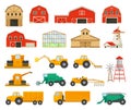 Farm Building and Agronomy Transport with Timbered Red Barn or Granary and Machinery Big Vector Set