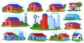 Farm building vector illustration set, cartoon flat front view of village farmhouses collection with red barn, industry