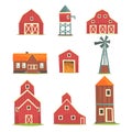Farm buildings and constructions set, countryside life and agriculture industry objects vector Illustrations