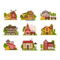 Farm buildings set, agriculture industry and countryside constructions vector Illustrations on a white background