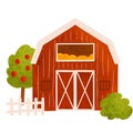 Farm builing isolated element. Cute red country house, farm barn, apple tree, fence hand drawn illustration Royalty Free Stock Photo