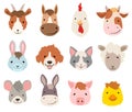 Farm cartoon animals faces collection on white. vector illustration