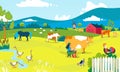 Farm cartoon landscape, vector illustration. Agriculture farming barn, rural animal cow chicken outdoor. People Royalty Free Stock Photo