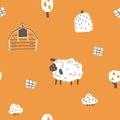 Farm cartoon seamless pattern. Vector funny hand-drawn characters. Cute sheep are grazing in a farm field with hay Royalty Free Stock Photo