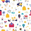 Farm cartoon seamless pattern. Vector funny hand-drawn characters of domestic animals, countryside, houses and sheds Royalty Free Stock Photo