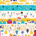 Farm cartoon seamless pattern. Vector funny hand-drawn characters of domestic animals, countryside, houses and sheds Royalty Free Stock Photo