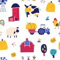 Farm cartoon seamless pattern. Vector funny hand-drawn characters of domestic animals, countryside, houses and sheds Royalty Free Stock Photo