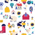 Farm cartoon seamless pattern. Vector funny hand-drawn characters of domestic animals, countryside, houses and sheds Royalty Free Stock Photo