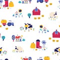 Farm cartoon seamless pattern. Vector funny hand-drawn characters of domestic animals, countryside, houses and sheds Royalty Free Stock Photo