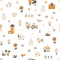 Farm cartoon seamless pattern. Vector funny hand-drawn characters of domestic animals, countryside, houses and sheds Royalty Free Stock Photo