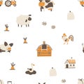 Farm cartoon seamless pattern. Vector funny hand-drawn characters of domestic animals, countryside, houses and sheds Royalty Free Stock Photo