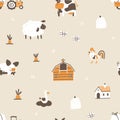 Farm cartoon seamless pattern. Vector funny hand-drawn characters of domestic animals, countryside, houses and sheds Royalty Free Stock Photo