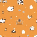 Farm cartoon seamless pattern. Vector funny hand-drawn characters of domestic animals, countryside, houses and sheds Royalty Free Stock Photo