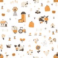 Farm cartoon seamless pattern. Vector funny hand-drawn characters of domestic animals, countryside, houses and sheds Royalty Free Stock Photo