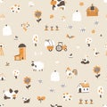 Farm cartoon seamless pattern. Vector funny hand-drawn characters of domestic animals, countryside, houses and sheds Royalty Free Stock Photo