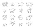 Farm cattle. Domestic animal. Livestock or poultry icons. Line chicken and sheep. Pig and cow symbols. Turkey bird