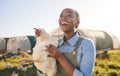 Farm, chicken and happy black woman in field, countryside and nature for agriculture, growth and ecology. Agro business