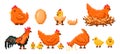 Farm chicken pixel art. Chick hatching from egg, hen on nest, rooster and baby chicks retro 8 bit video game style Royalty Free Stock Photo