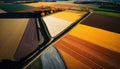 Farm colored fields aerial view, top view. AI generated.