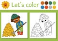 On the farm coloring page for children with farmer and hay. Vector rural country outline illustration with cute farm worker. Color