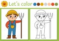 On the farm coloring page for children with farmer. Vector rural country outline illustration with cute farm worker. Color book