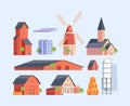 Farm constructions. Rural buildings village old buildings medieval agricultural illustrations in flat style garish Royalty Free Stock Photo