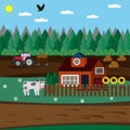 Farm,-cow,-house,-tractor,-flat-style,-vector