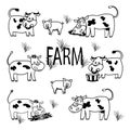 Farm cow set.Doodle cow family.Farm with cow bull calves eat grass drink water