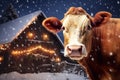 Farm cow on snowy winter background with wooden barn. Generative Ai. Royalty Free Stock Photo